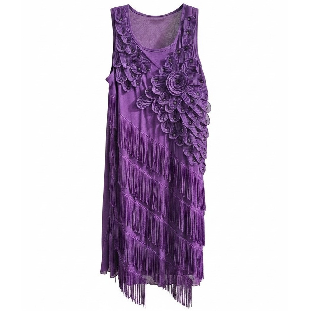 Vintage Fringe Dress Women Purple 3D Flower‎ Rhinestone Flapper Party Gatsby